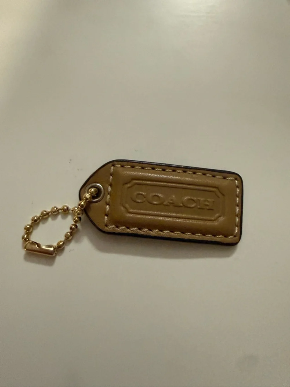 COACH Tan Leather Key Tag with Gold Chain